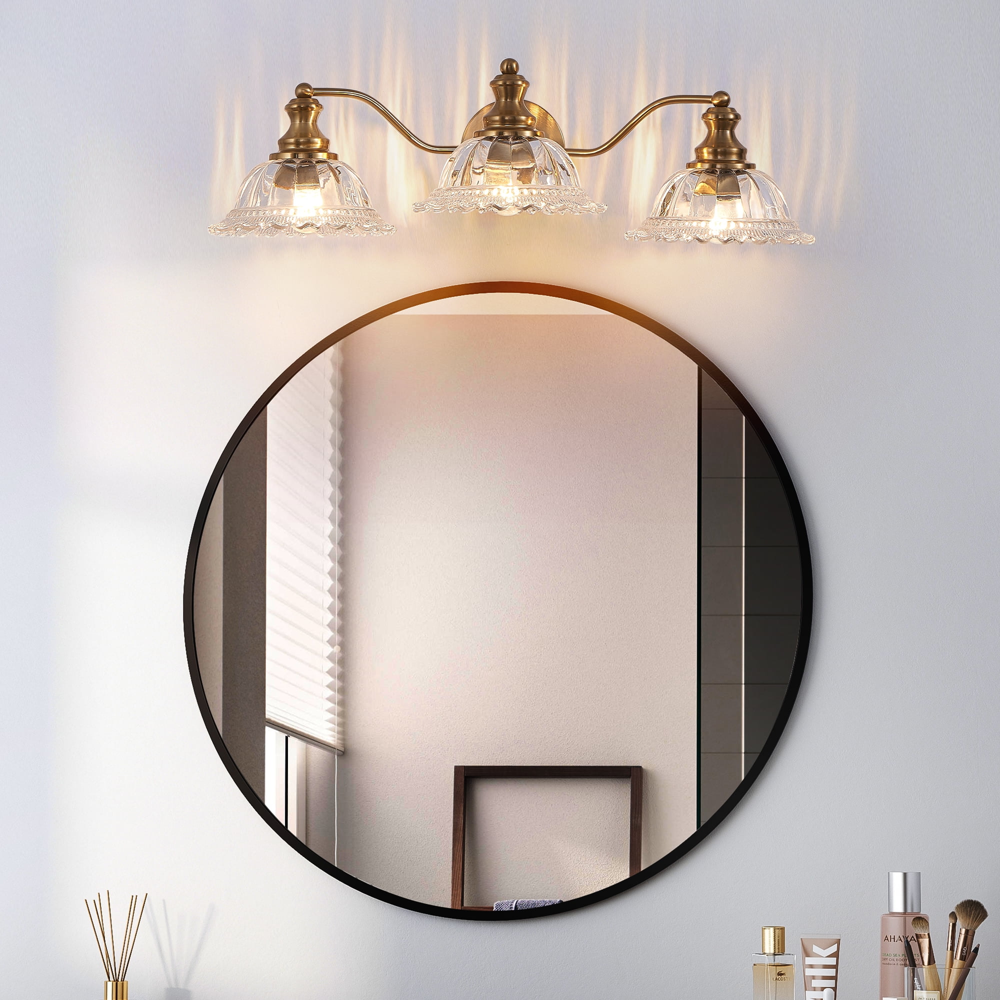 Jopath 24" 3-Light Vintage Bathroom Wall Sconce,Golden Metal and Glass Lampshade Vanity Light Fixture for Bathroom Hallway Bedroom (Bulb Not Included)