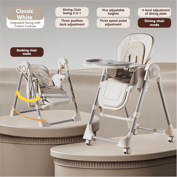 3 in 1 Convertible Baby High Chair Baby Swing Adjustable Seat for Eating,Portable ,Folding Baby Dining Chairs with Detachable Double Trays, Unisex,White