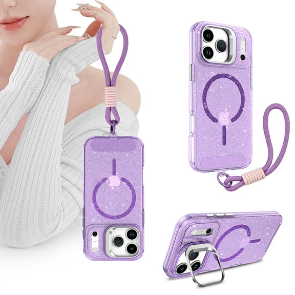 Decase Glitter Magnetic Case for Apple iPhone 17 Pro Max with Wrist Strap,Shockproof Anti-Scratch TPU PC Hybrid Back Cover, Wireless Charging Compatible Rugged Lens Kickstand Protective Cover,Purple
