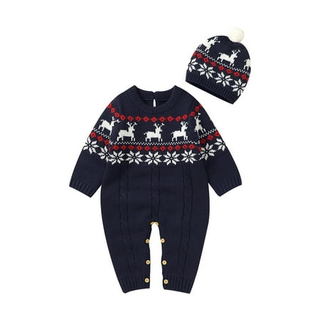 

EnJoCho Toddler Play Clothes Boy Girl Christmas Deer Knitted Sweater Baby Jumpsuit Romper Cotton 1 Piece Hat Caps Outfits Clothes Set Baby Kids Party Comfort Clothing Trendy Set