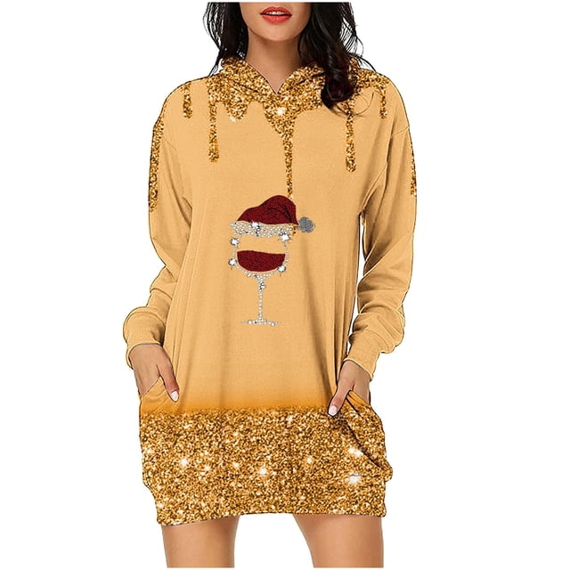 Pisexur Robes de Noël pour Femmes Mode Imprimé Verres à Vin Rouge Robes de Fête Décontractées à Manches Longues Sweat à Capuche Robes d'Automne de Noël Mini Robe avec Poches