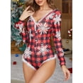 thumbnail image 2 of JYYYBF Women Christmas Sexy Bodysuits,Plush Trim Snowflake Tree Plaid Print V-Neck Long Sleeve Button-Down Romper, 2 of 6