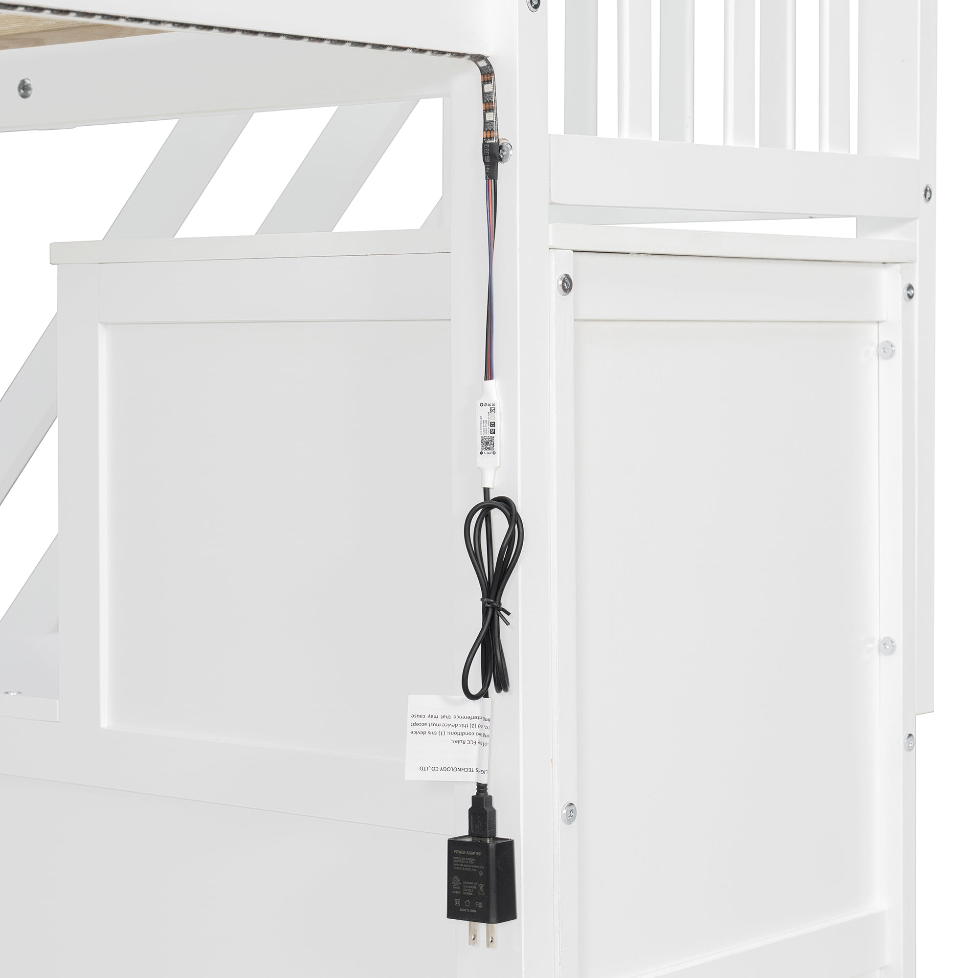 Mintazer Full Size Loft Bed with Play Storefront & LED Lights, Kids Loft Bed with Guardrail and Storage Staircase & Cabinet for Bedroom, White & Gray