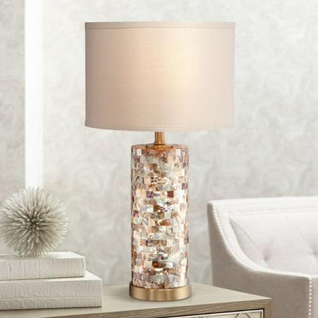 360 Lighting Coastal Accent Table Lamp Mother of Pearl Tile Cylinder Cream Linen Drum Shade for Living Room Family Bedroom