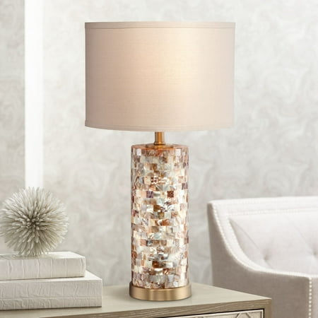 Clear Glass Table Lamps For Living Room 360 Lighting Coastal Accent Table Lamp Mother of Pearl Tile Cylinder Cream Linen Drum Shade for Living Room Family Bedroom Bedside ()