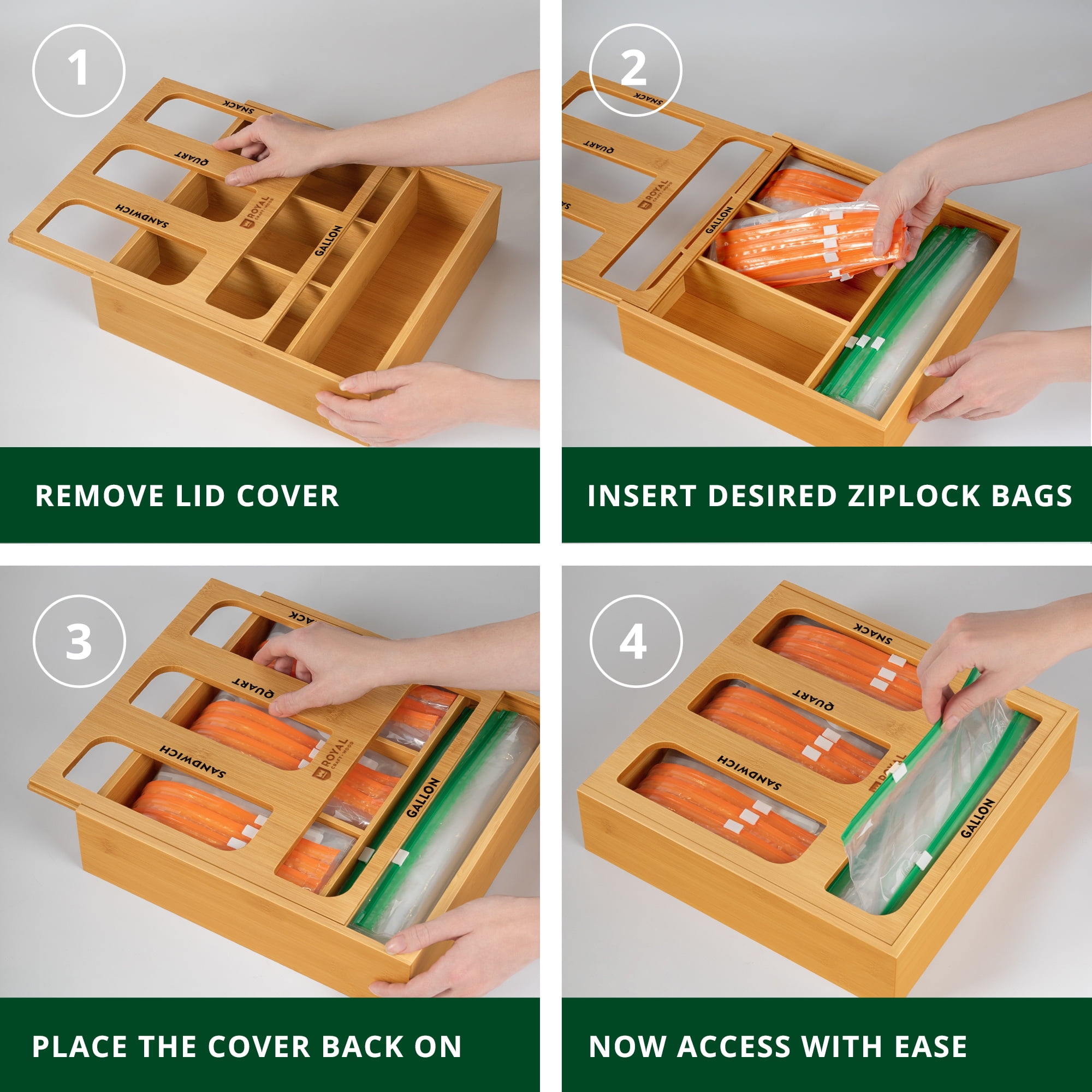 NEW Ziplock Bag Storage Organizer Countertop or Drawer Bamboo Snack Baggie