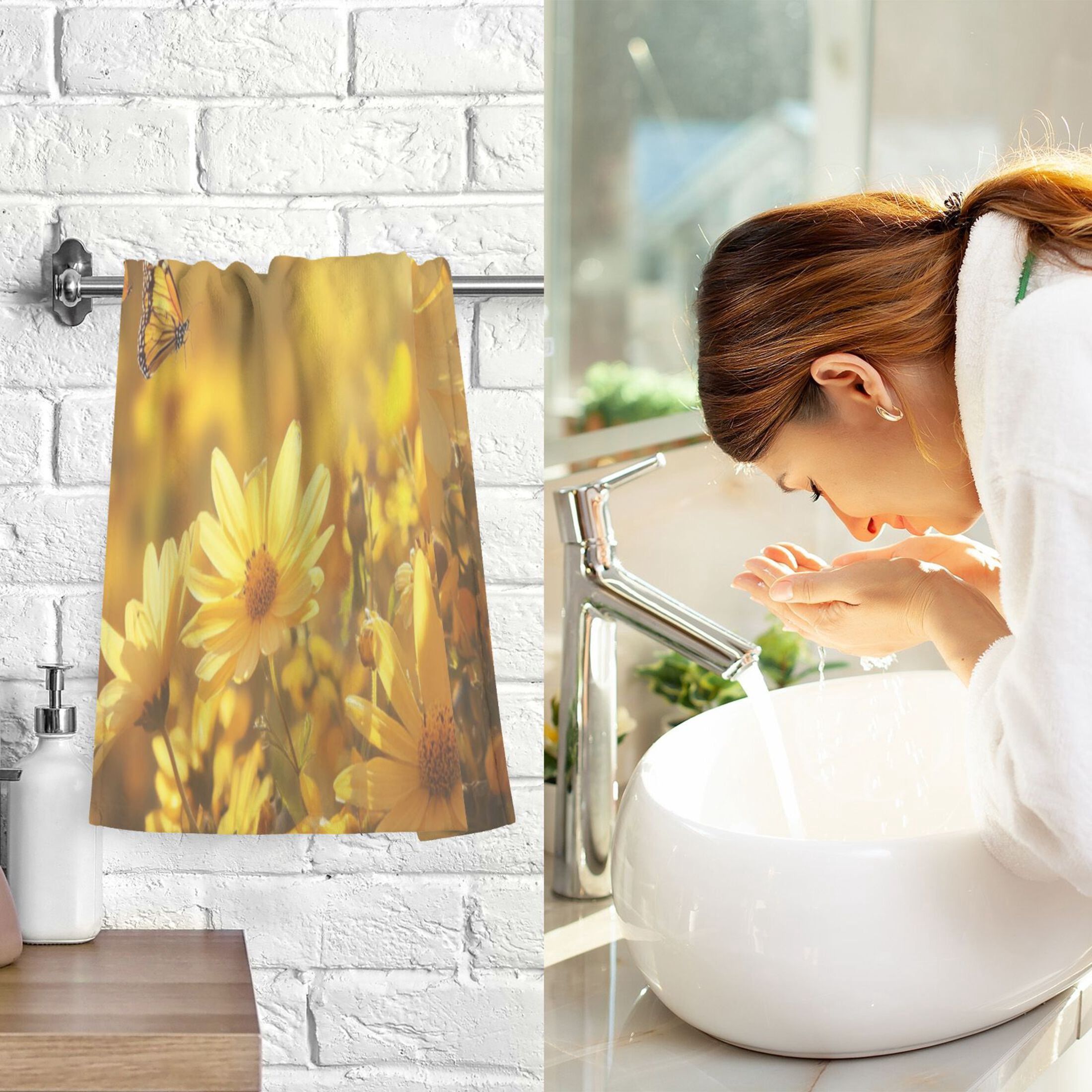 2 Pcs Absorbent Face Towel Bath Hand Towels Soft Breathable Cotton Towel Set for Bathroom Kitchen Hotel Spa Decor Yellow Flowers and Butterfly