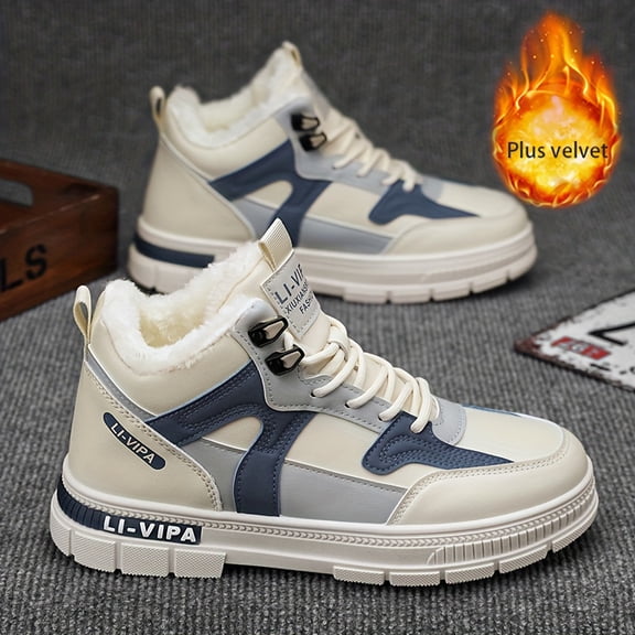 Men'S Winter Hiking Boots - Slip-Resistant Outdoor Trekking Shoes with Lace-Up Closure, Cushioned Midsole & Non-Slip PVC Outsole - Beige/Black/White Colorway - Synthetic Upper for All-Day Comfort