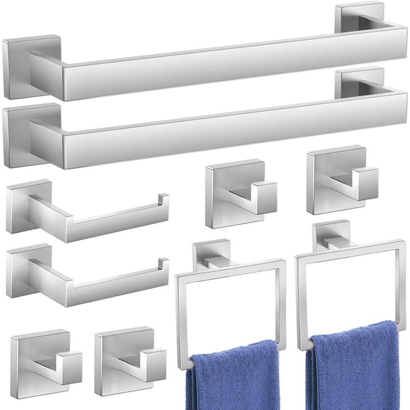 10-Pieces Bathroom Accessories, SUS304 Brushed Bathroom Accessory Set, Nickel Towel Racks for Bathrooml, Stainless Steel, Wall Mounted Towel Rack&Toilet Paper Holder&Towel Ring and Towel Hook