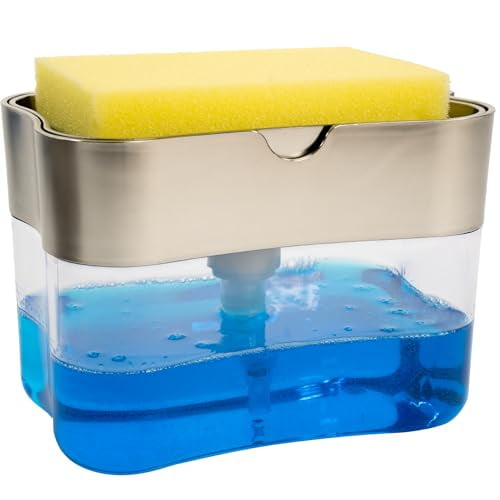 Dish Soap Dispenser and Sponge Holder for Kitchen Sink,Sponge Included,13 Ounces,Metallic Silver