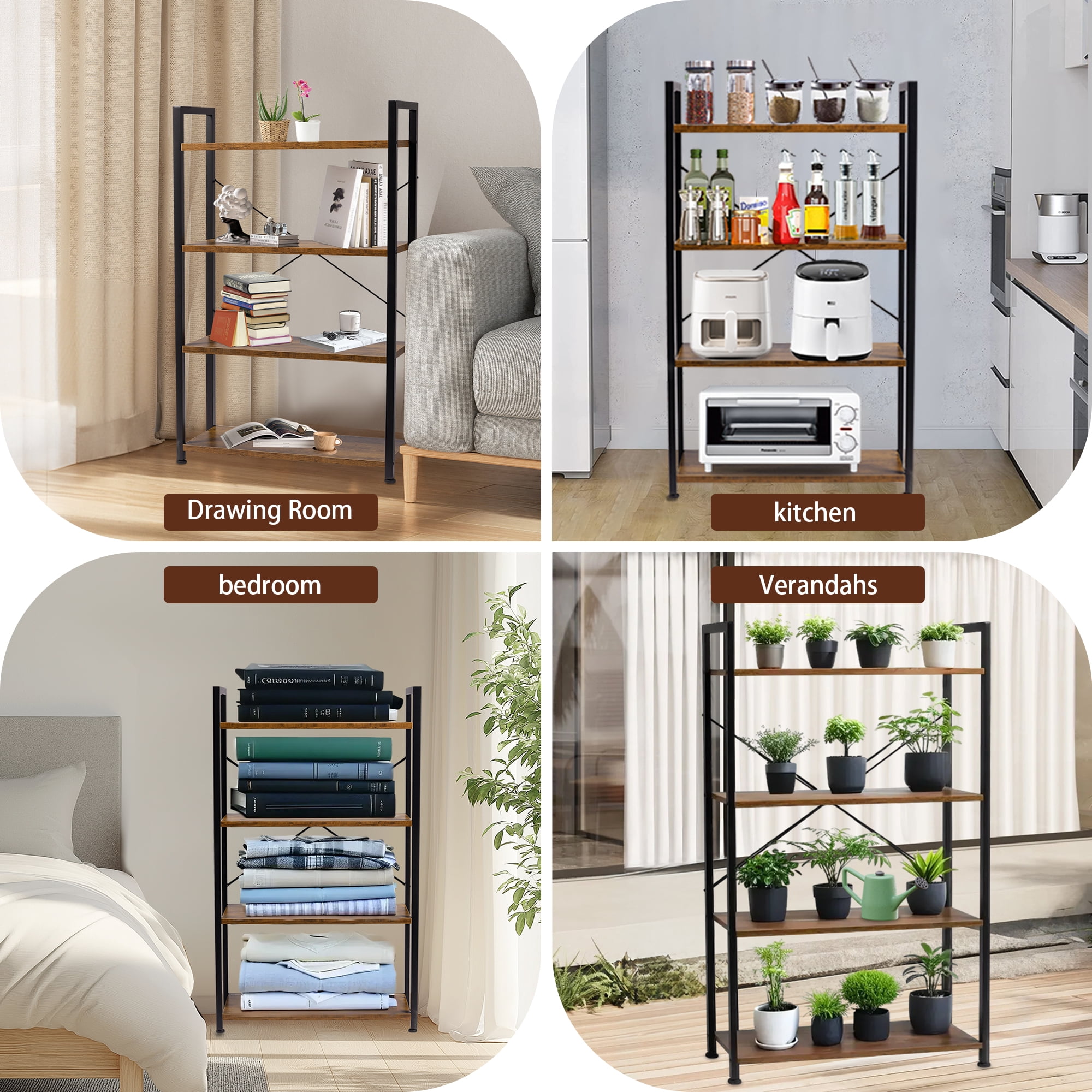 YEEZEE 4-Tier Bookshelf, Industrial Open Shelving Unit, Modern Tall Bookcase Ideal For Bedrooms, Living Rooms, And Home Offices Rustic Brown
