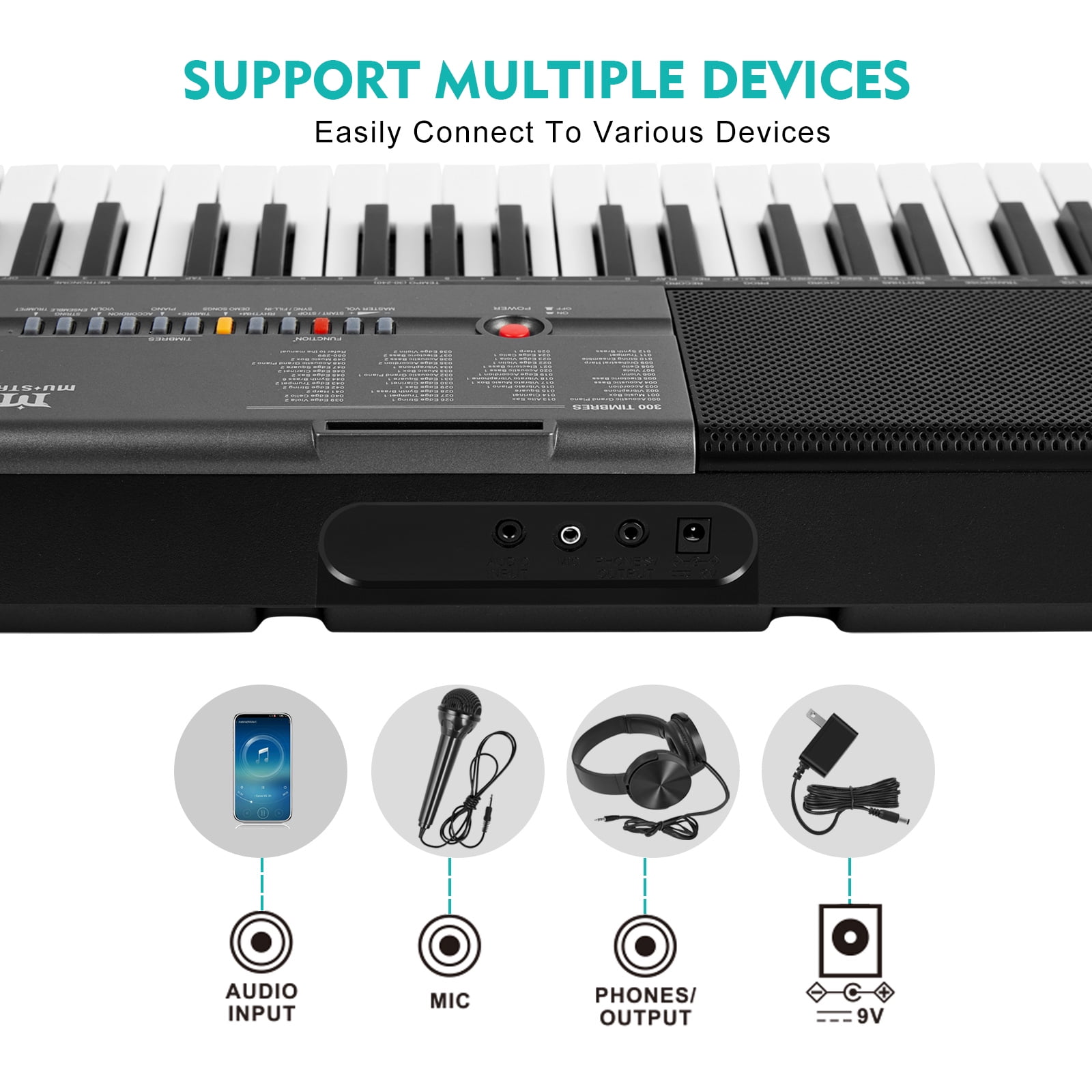 Electric Keyboard Mustar Built-in Speakers Piano 61 Lighted Keys for Beginner with Stand Stool, Headphones, Microphone, Note Stickers