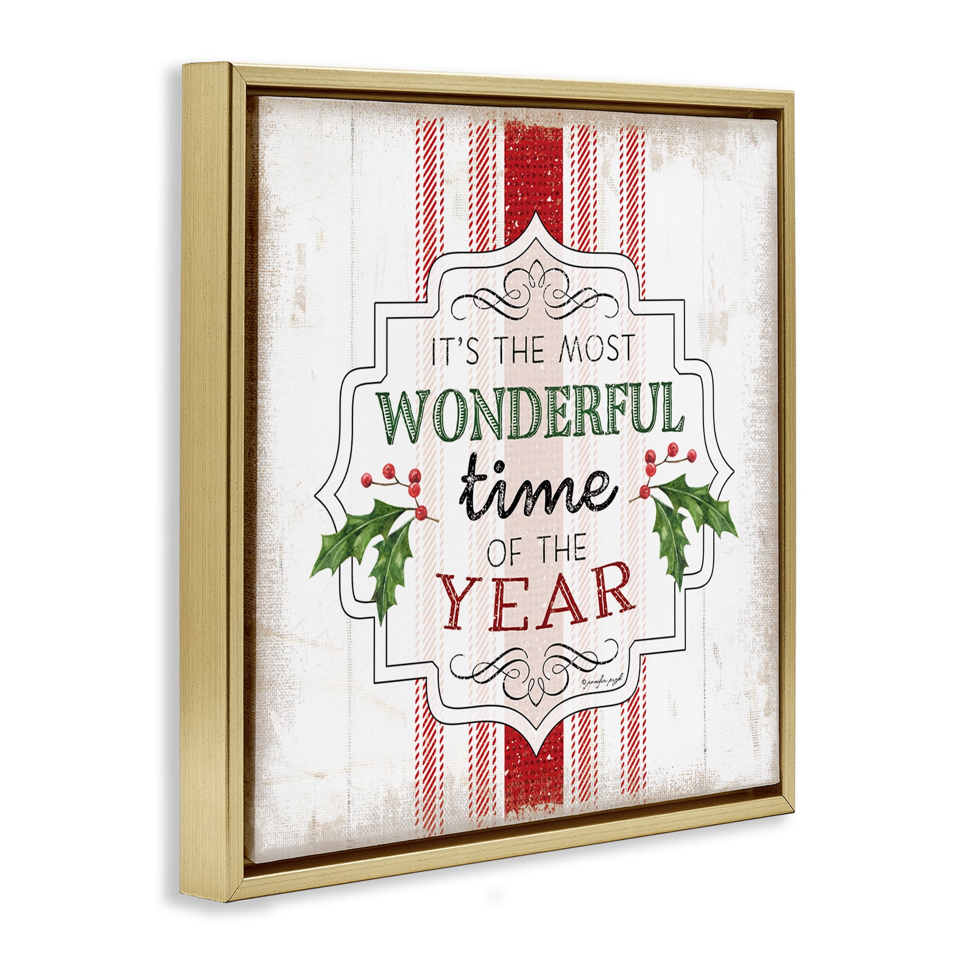 Stupell Industries Festive Holiday Rustic Stripes Inspirational Painting Gold Floater Framed Canvas Art Print Wall Art, 18 x 18