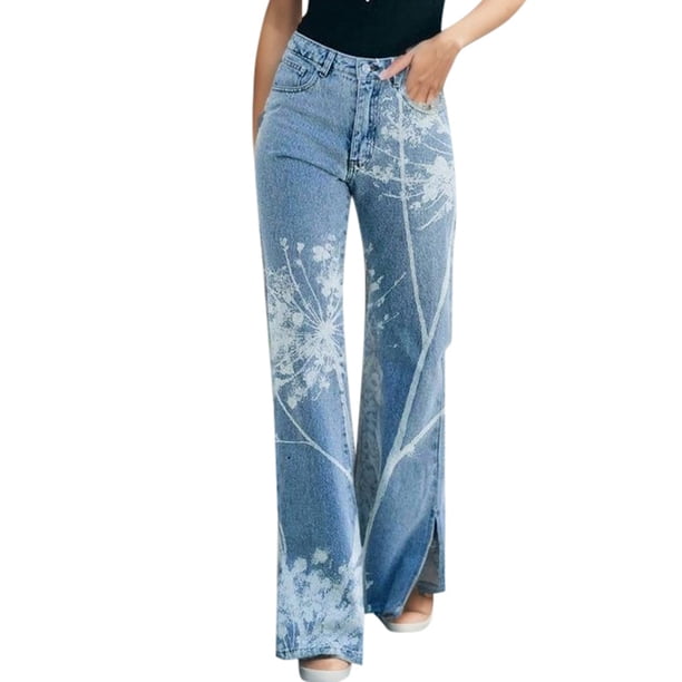Gibobby Jeans dama cintura alta Pantalones de mezclilla con abertura y estampado floral ligero de verano a la moda y elegante para mujer(Blanco,G)