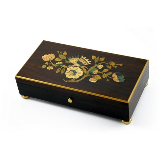 Handcrafted 50 Note Music Box with Butterfly and Floral Inlay with Gold Leaf Accents - 18th Variation