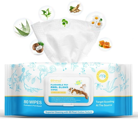 Oimmal Pet Flushable Anal Gland Wipes, Plant Based for Dogs & Cats Cleansing & Deodorizing - Grooming Wipes for Paws, Body, and Butt (80 Count)