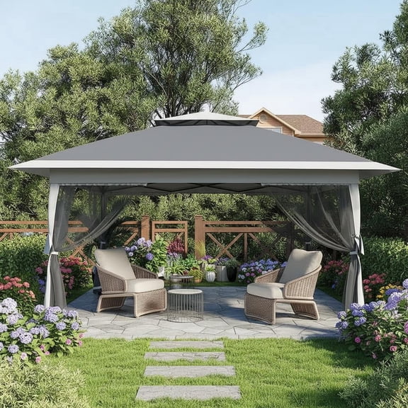 Memoryfield 12x12 ft Pop-Up Canopy Tent, Adjustable Height Instant Gazebo with Mosquito Netting & 4 Sandbags, Outdoor Party Tent for Backyard, BBQs & Events, Gray