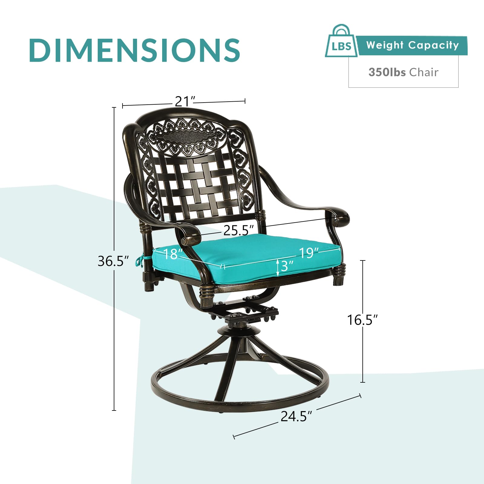 MEETWARM 2 Piece Patio Dinning Swivel Chairs Rocker, Outdoor All-Weather Cast Aluminum Chairs with Cushions, Patio Bistro Dining Chair Set for Garden Deck Backyard, Ocean Blue