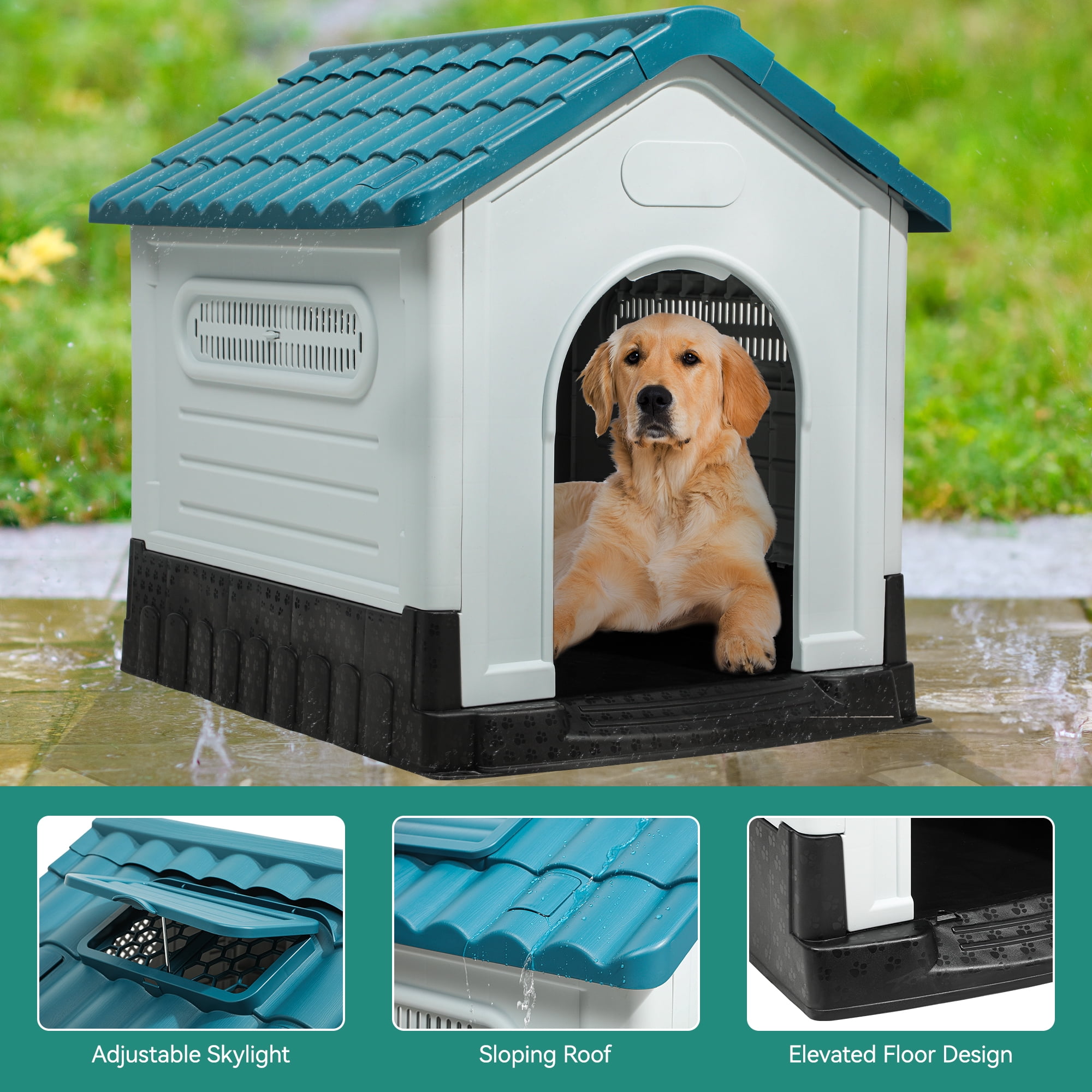 Dextrus Folding Large Dog House Outdoor Plastic Doghouse with Adjustable Skylight and Elevated Base Water Resistant Pet House for Small, Medium, and Large Dogs