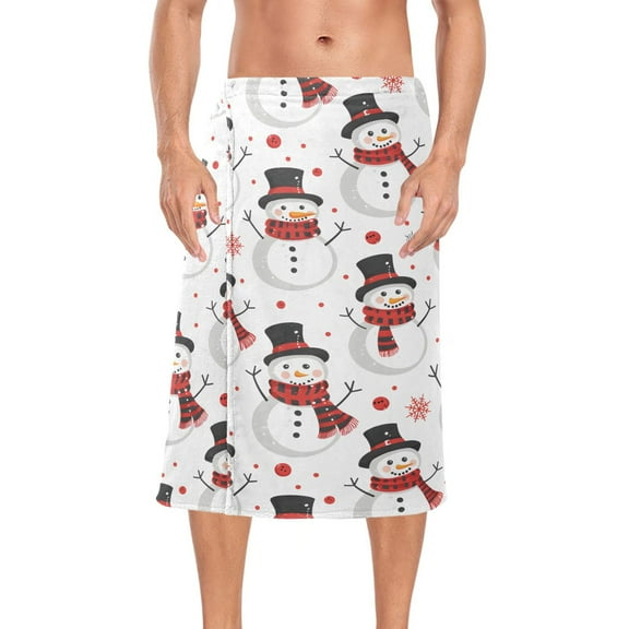 Ryvnso Men's Adjustable Shower Wrap Snowman on White Bath Towels with Snap Closure 28 x 60 inch