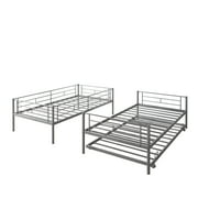 Enyopro Bunkbed with Roll Out Trundle Bed Frame, Metal Bunk Bed can be Divided into Two Twin Beds, Trundle Twin Bunk Bed with Ladders and Guardrails for Guest Room, Space Saving Bedroom Furniture