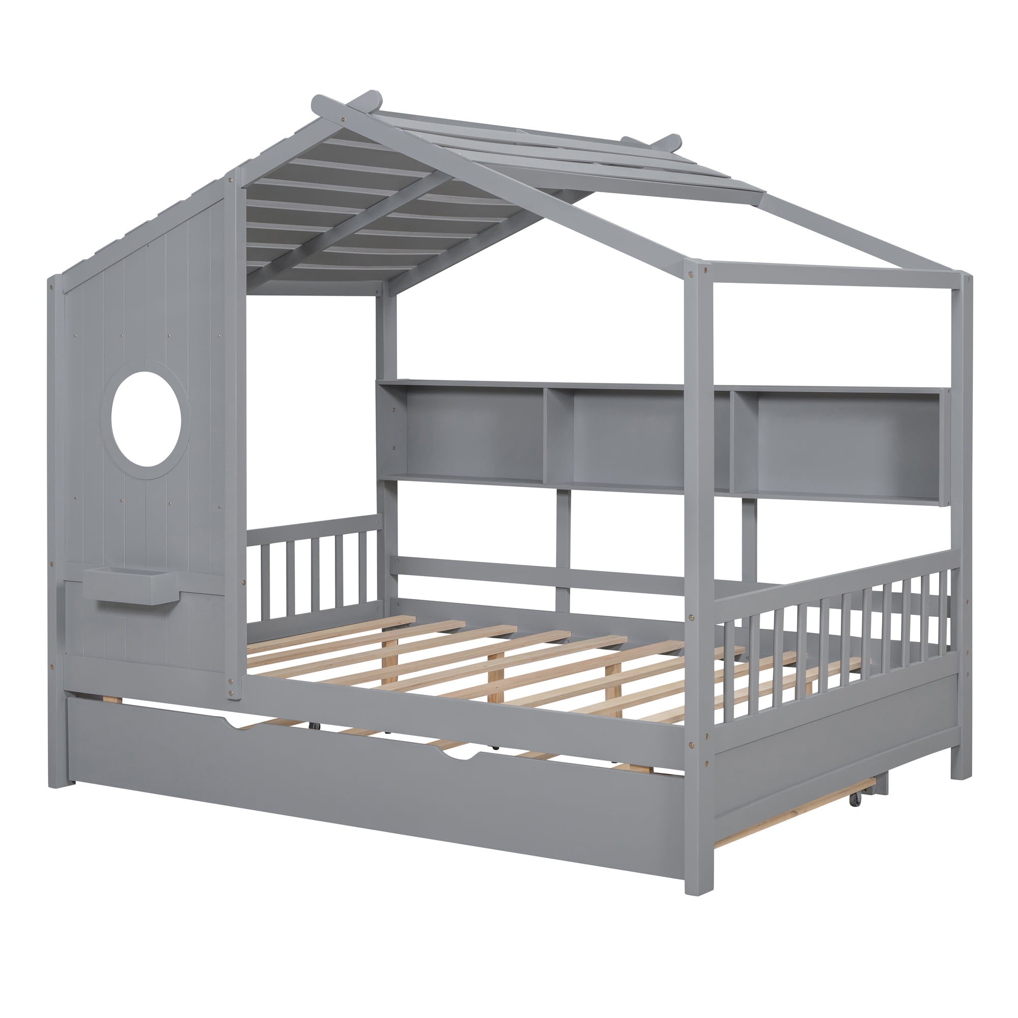 Harper & Bright Designs Wooden Full Size House Bed Frame with Trundle and Storage Shelves, House-Shaped Beds with Roof and Window Design for Girls Boys Bedroom, Gray