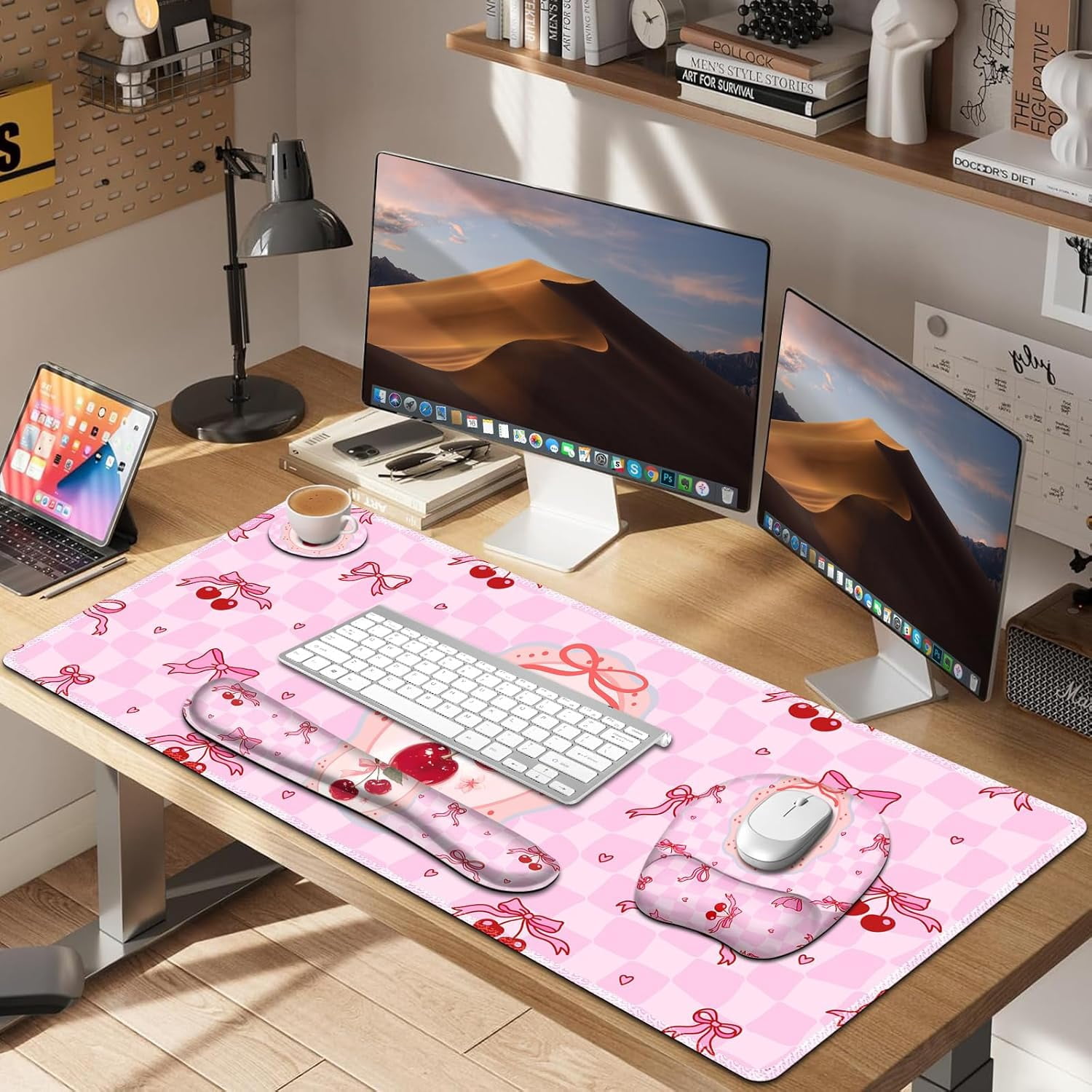 Cute Check Mouse Pad with Wrist Support 4 in1 Set, XXL Big Game Mousepad + Keyboard Wrist Rest + Mouse Wrist Rest Pad +Coaster Gaming Mat for Work Study Home Office I Pink Cherry & Bow Dream