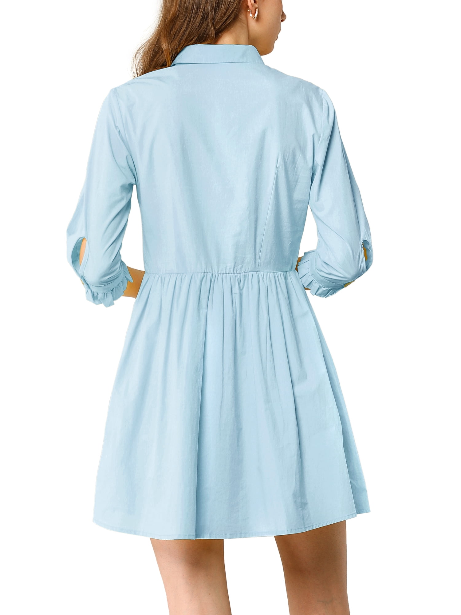 DARING DIVA Elegant Collar Flare 3/4 Sleeve Button Mini Shirt Dress XL Blue