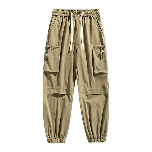 LOVZFMLL Cargo Pants for Men's Solid Color Drawstring Elastic Waistband Multi Pocket Workwear Pants