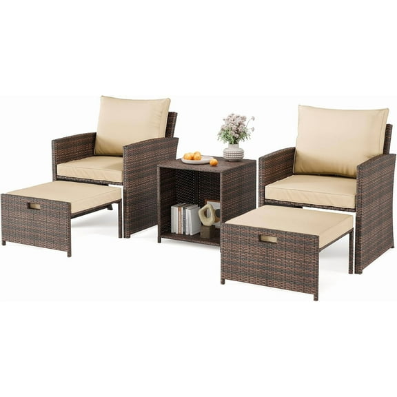 Zzistar 5-Piece Patio Furniture Set, Outdoor Wicker Rattan Chairs with Storage Side Table, Outside Bistro Set with Removable Cushions, for Porch, Garden