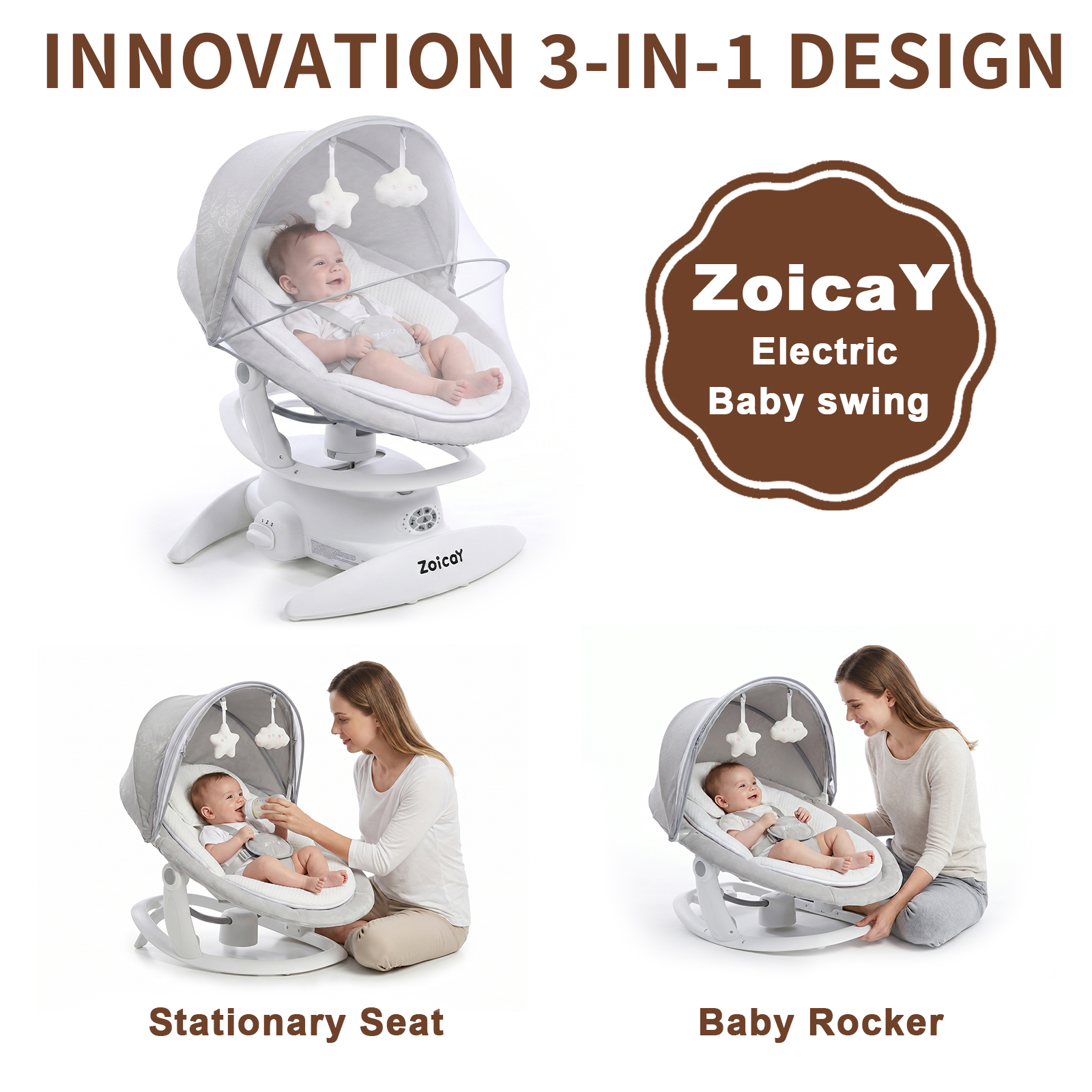 Zoicay 3-in-1 Baby Swing and Rocker, White photo 5