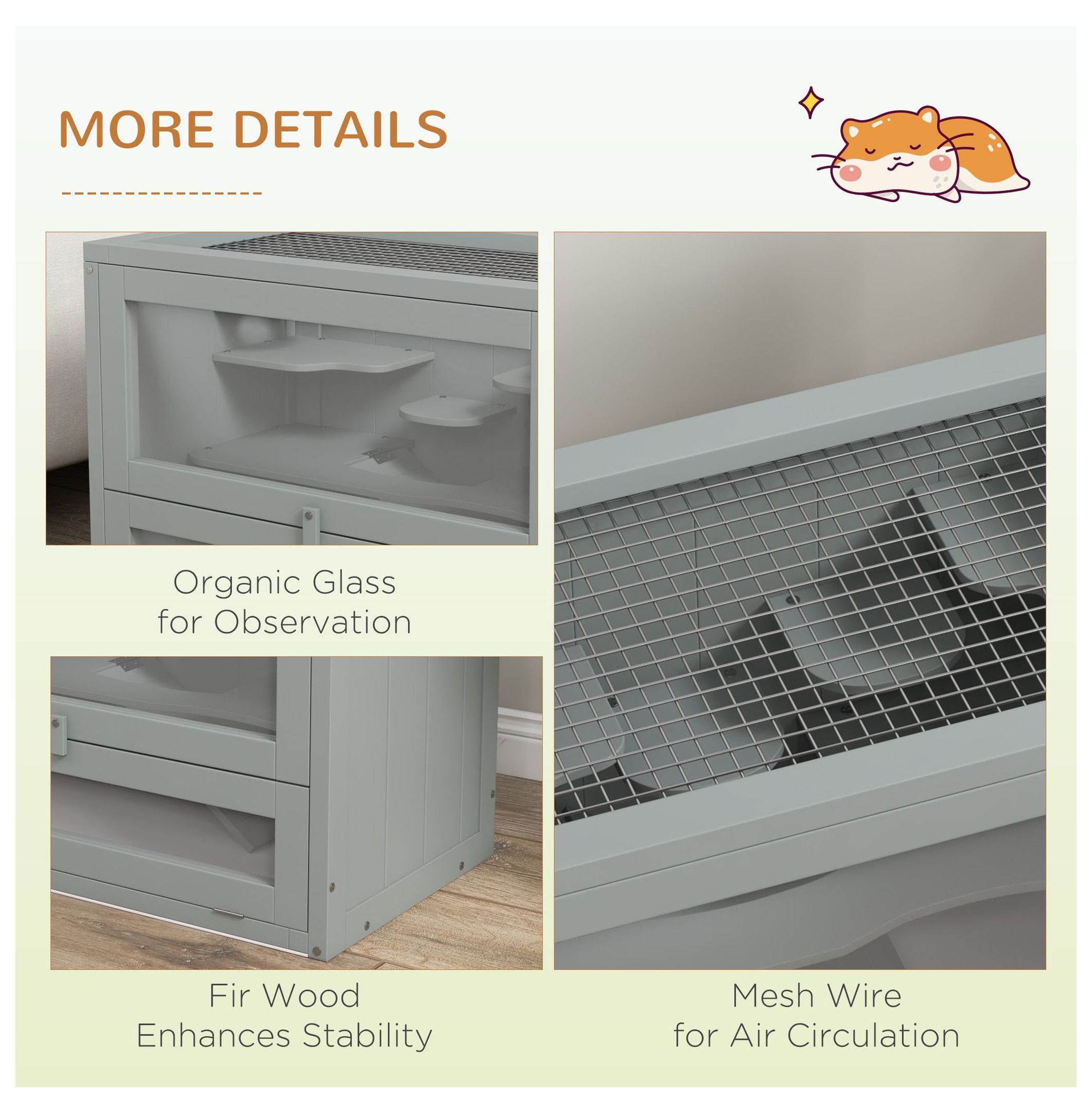 Hamster Cage 2-Level, Wood Small Animal , Open Top & Door, Gray