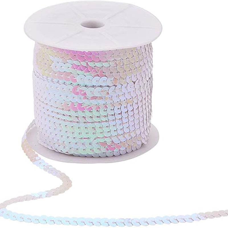Linsoir Beads Spangle Flat Sequins Paillette Trim Spool String 6mm Sequins 100 Yards White Color 