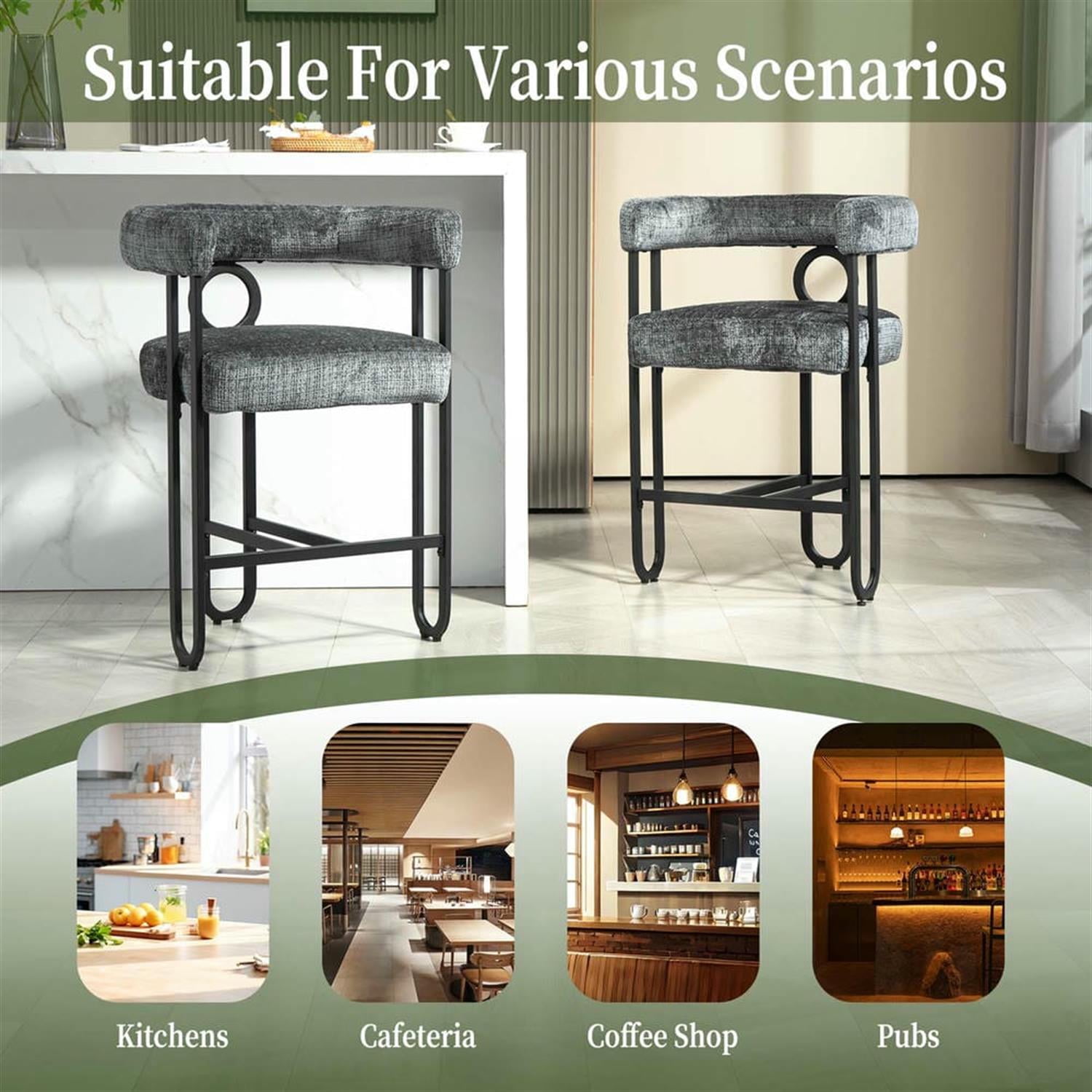 Demi Bonn 34" Counter Height Bar Stools Set of 2, Upholstered Barstools with Back, Kitchen Island Countertop Chairs for Dining Room, Gray