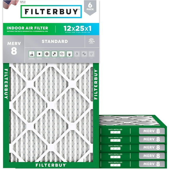 Filterbuy 12x25x1 MERV 8 Dust Defense, Pleated HVAC AC Furnace Air Filters (6-Pack)