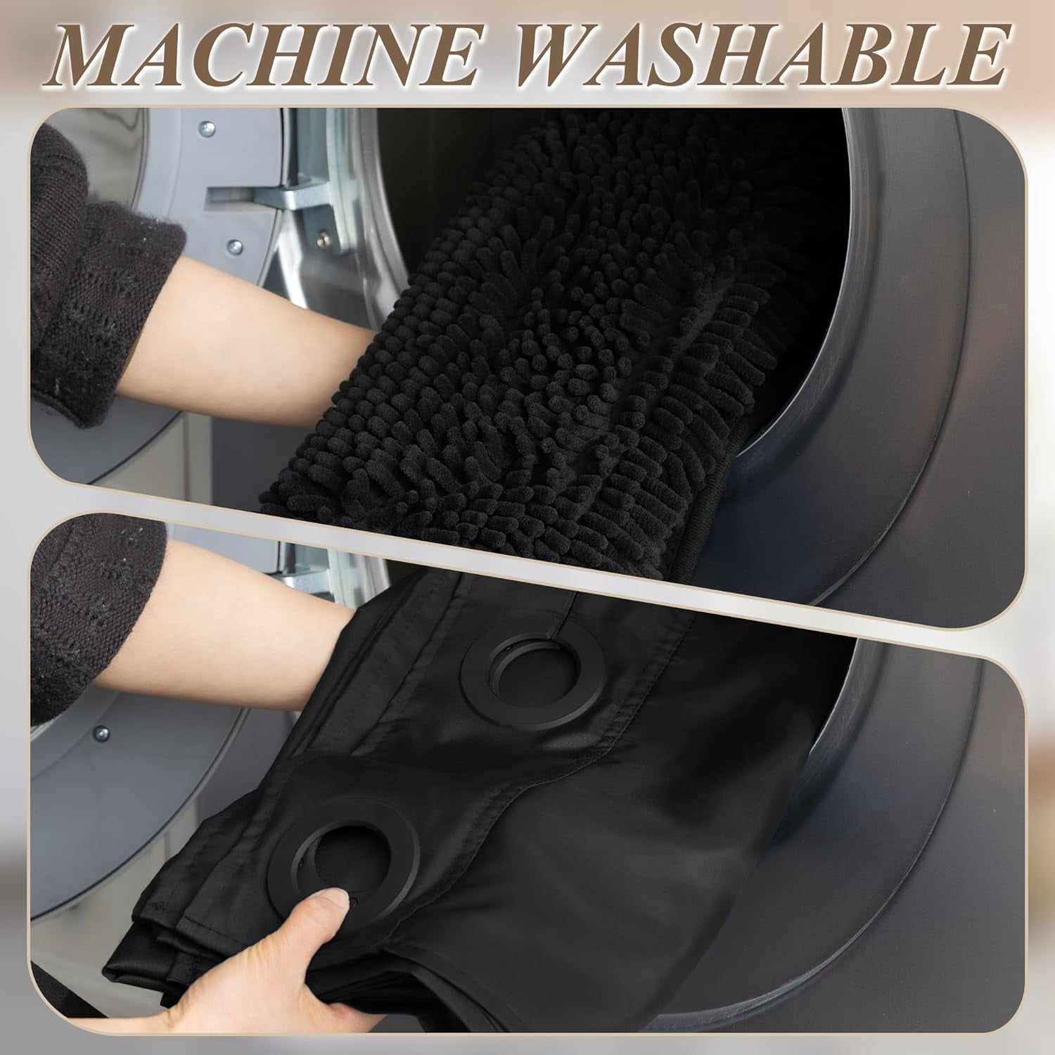 3 Pcs No Hook Black Shower Curtain Set with Chenille Bath Rugs - 71" x 74" Shower Curtain with Snap-in Fabric Liner & Non-Slip Water Absorbent Bathroom Mats Set Accessories