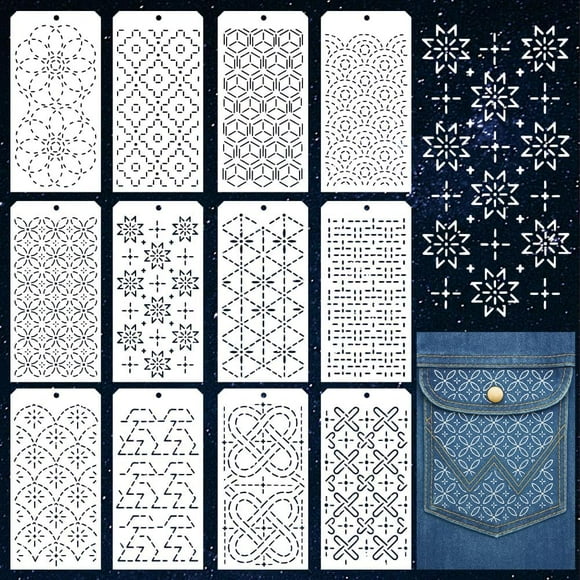 12 Sheets Sashiko Painting Stencils 12 Styles Sashiko Quilting Drawing Templates Reusable Border Stencil for Sewing Embroidery Scrapbooking DIY Ornaments