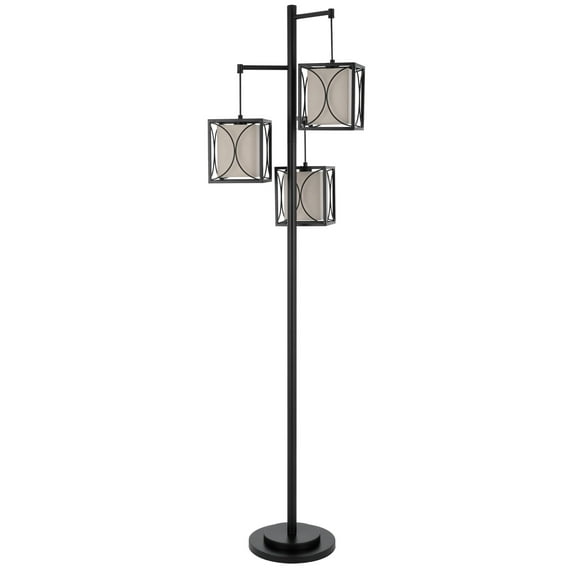 Lany 73 Inch Floor Lamp, 3 Hanging Lantern Style Shades, Black Iron