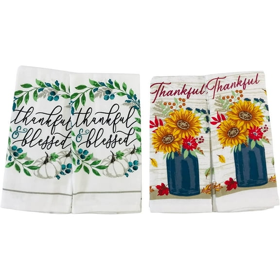 Serafina Home Decorative Fall Kitchen Towels with Thankful Floral Theme, Set of 4