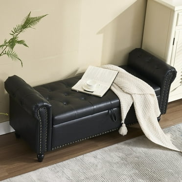 Hassch 55 Inch Upholstered Storage Bench, PU Leather Window Bench with Rolled Arms and Solid Wood Legs, Bedroom End of Bed Bench with Tufted Button and Nailhead Trim, Black