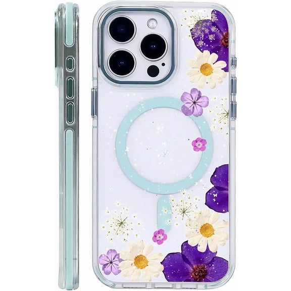 Case for iPhone 13 Pro Max Case, Purple Pressed Flower Compatible with MagSafe & Magnetic Wireless Charging, Shockproof Protective Phone Case Cover Case for iPhone 13 Pro Max, Clear Blue