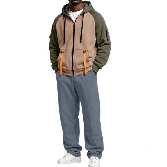 Delconic Mens Fleece Lined Hooded Tracksuit Set Full Zip Sweatshirt and Straight Leg Pants Loose Casual Two Piece Outfit Army Green L
