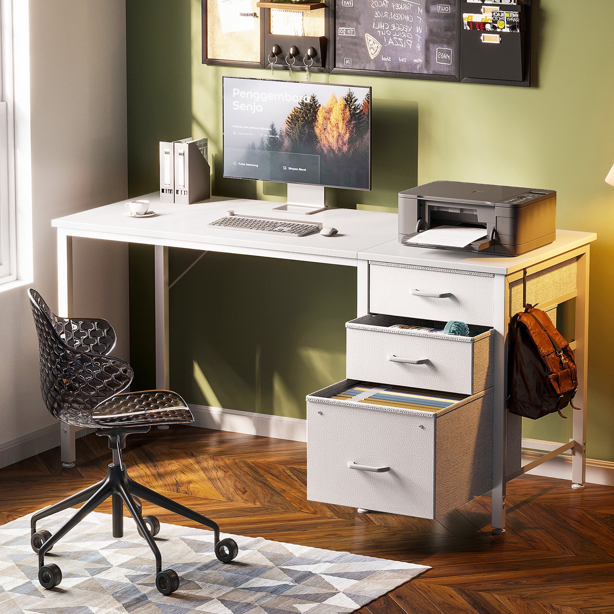 Casacomoda 48 Inch Computer Desk with Fabric Drawers & File Cabinet, Home Office Desk for small space, Vanity Desk for Bedroom, White