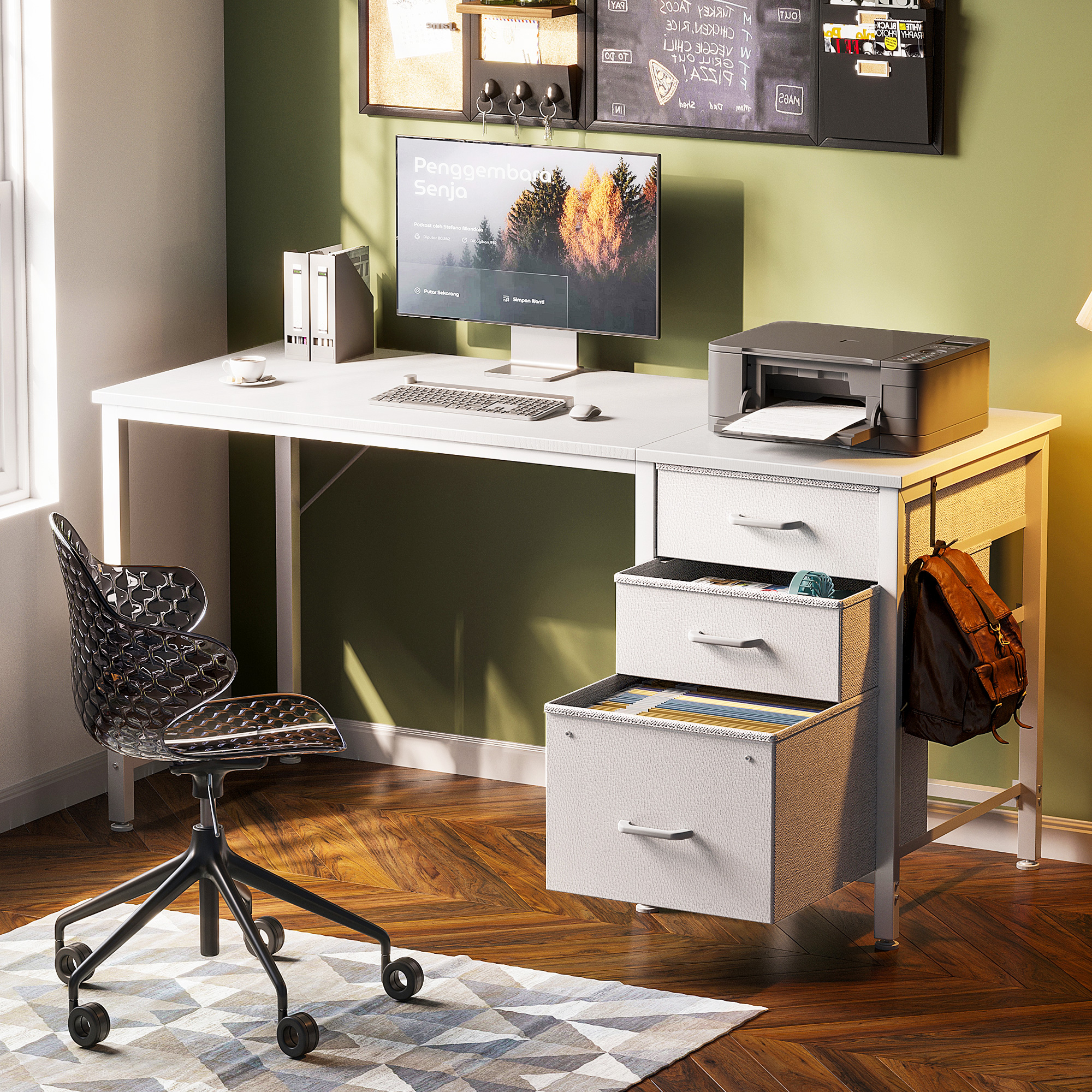 Casacomoda 48" Computer Desk with Fabric Drawers, White photo 2