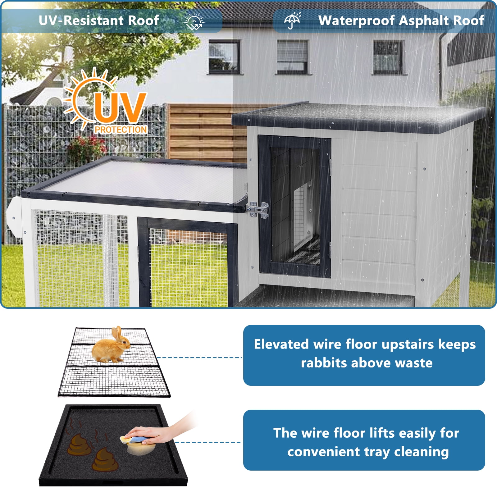 Rabbit Hutch Outdoor Indoor Bunny Cage Chicken Coop with Wire Floor Slide Out Tray, Chew-Resistant Ramp & Entrance Openable Roof Handle Wheels