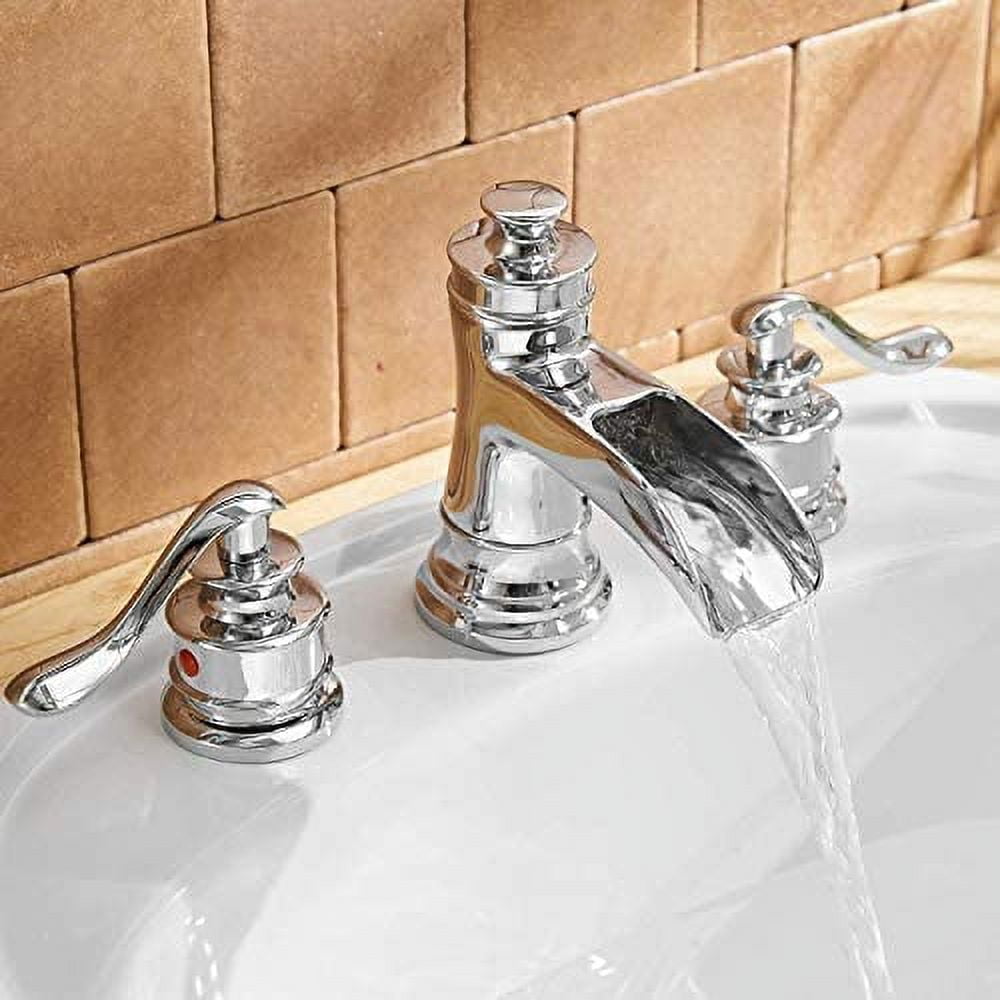 BWE 8 Inch Widespread Bathroom Faucet Chrome with Pop up Drain and Supply Hose Lead-Free Two-Handle 3 Holes Waterfall Bathroom Sink Faucet Lavatory Mi