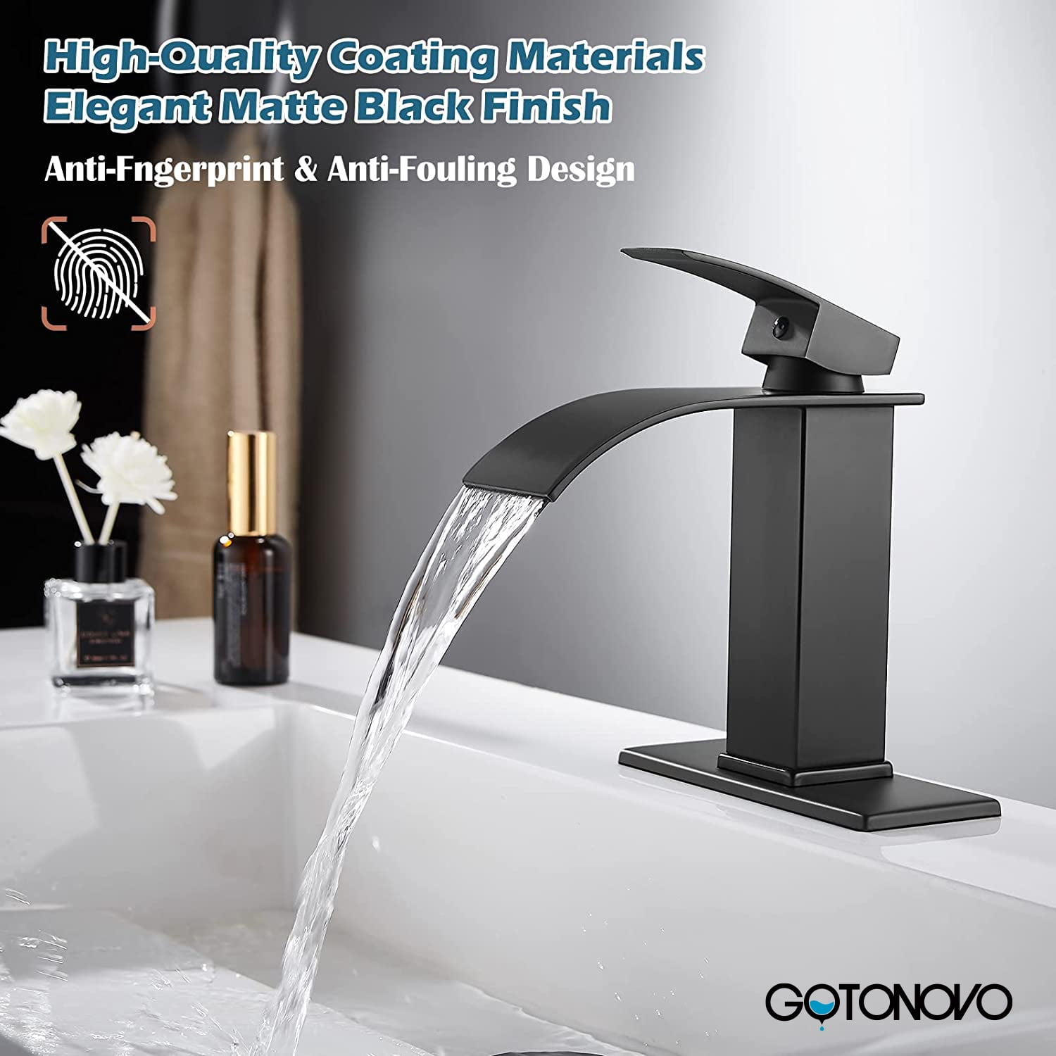 gotonovo Matte Black Bathroom Sink Faucet Waterfall Spout Single Handle 1 Hole Deck Mount Mixer Tap Lavatory Vanity Sink Faucet Commercial with Deck Plate and Pop Up Drain