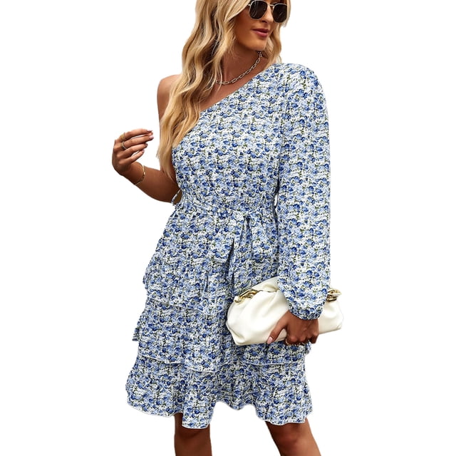 Mujer Vestido Inclinado Hombro Manga Larga Una Pieza Floral Patrón para Todas las Temporadas Azul M