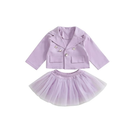 

wybzd Kids Girls Spring Autumn 2Pcs Set Solid Color Lapel Long Sleeve Single-Breasted Jacket Coat + Tulle Skirt 1-7 Years