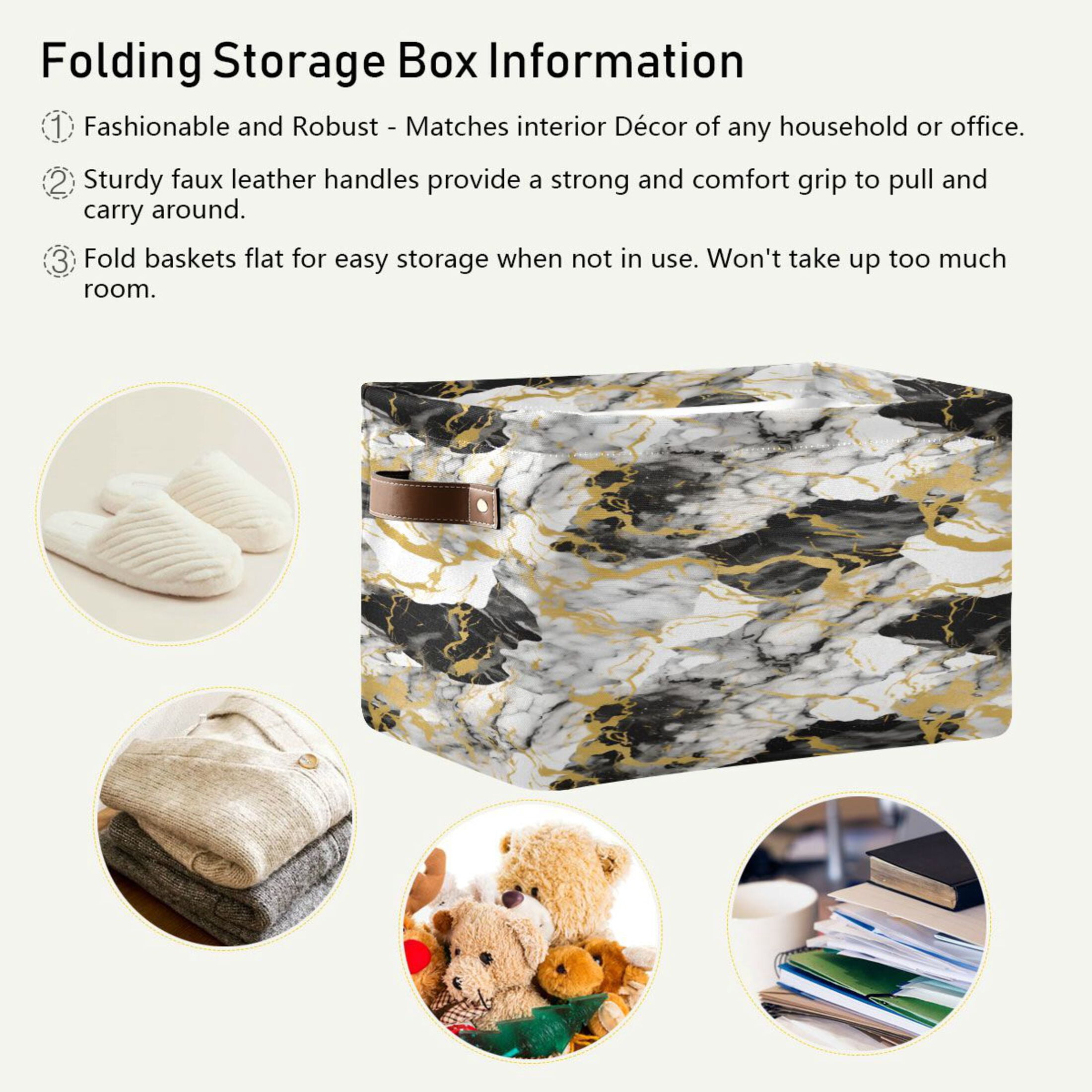 White Gray Black Gold Marble Storage Bins with Handle Fabric Organizer Basket Foldable Box 2 Pack 14.2x10.2x8.3
